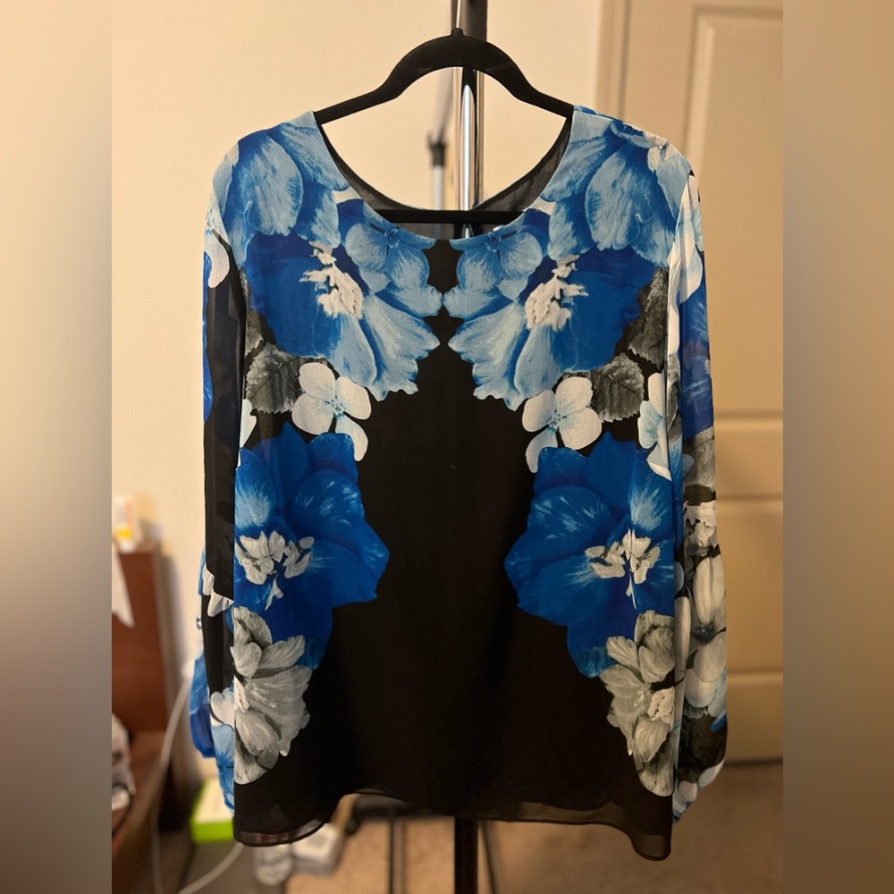Calvin Klein Blue & Black Floral Overlay Blouse Balloon Long Sleeve